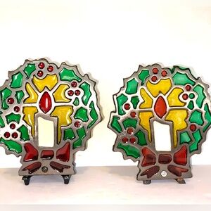 Vtg Candle Holder Cast Iron metal Stained Glass Wreath Holiday Christmas Taiwan